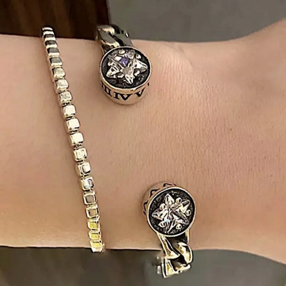Sterling Silver Star Zircon Cuff Bangle Bracelet
